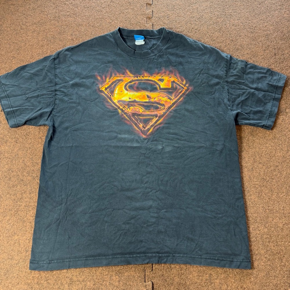 B+ Vintage Superman Flaming Shield Graphic T-Shirt Mens XL‎ Black DC Comics 2010